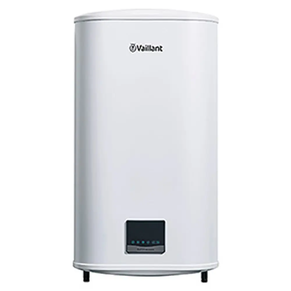 Vaillant Elektro-Wandspeicher in zylindrischer Form, weiß, mit digitalem Bedienfeld für temperatureinstellungen und Betriebsanzeige auf der Front.